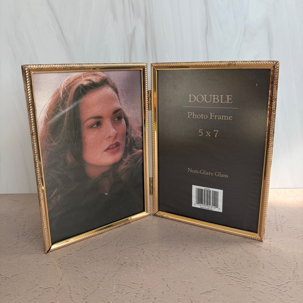 Vintage Gold Double Hinged 5x7 Photo Frame Etched Metal Non Glare Glass